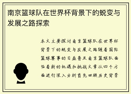 南京篮球队在世界杯背景下的蜕变与发展之路探索